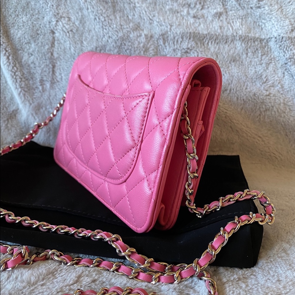 SOLD CHANEL Lambskin Quilted Wallet on Chain WOC Pink with glittered CC log - Picture 9 of 13